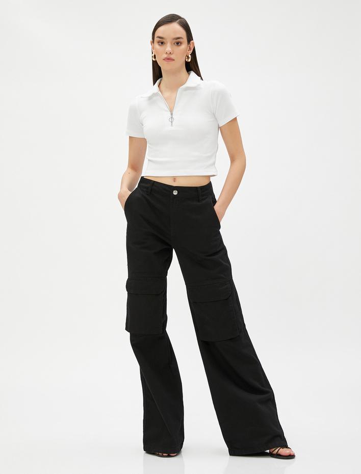  Crop Tişört Polo Yaka Yarım Fermuarlı