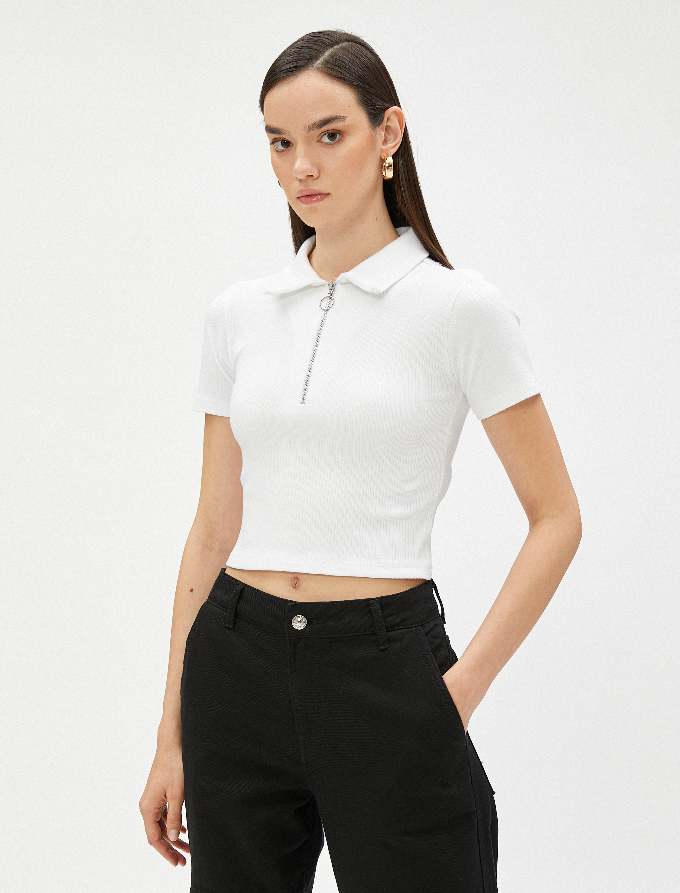   Crop Tişört Polo Yaka Yarım Fermuarlı
