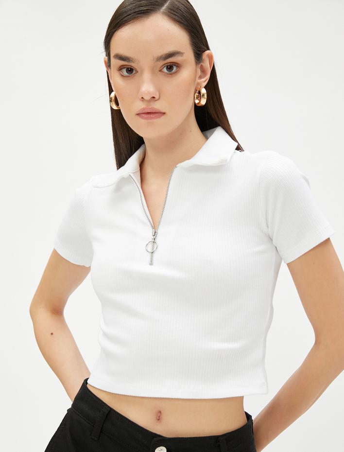  Crop Tişört Polo Yaka Yarım Fermuarlı