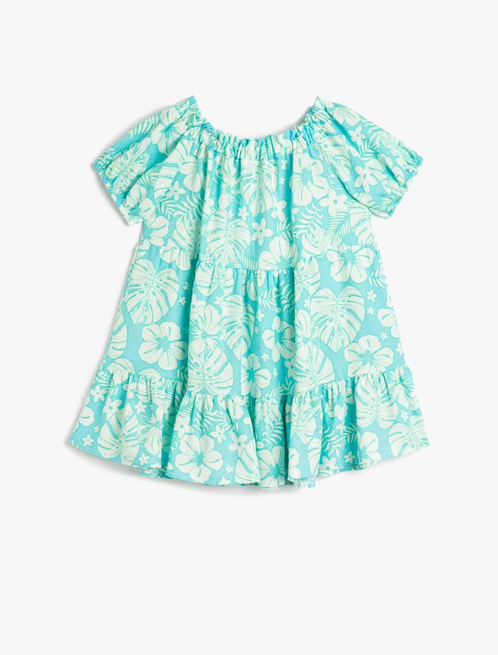 Kız Çocuk Keten Elbise Çiçekli Balon Kollu Katlı