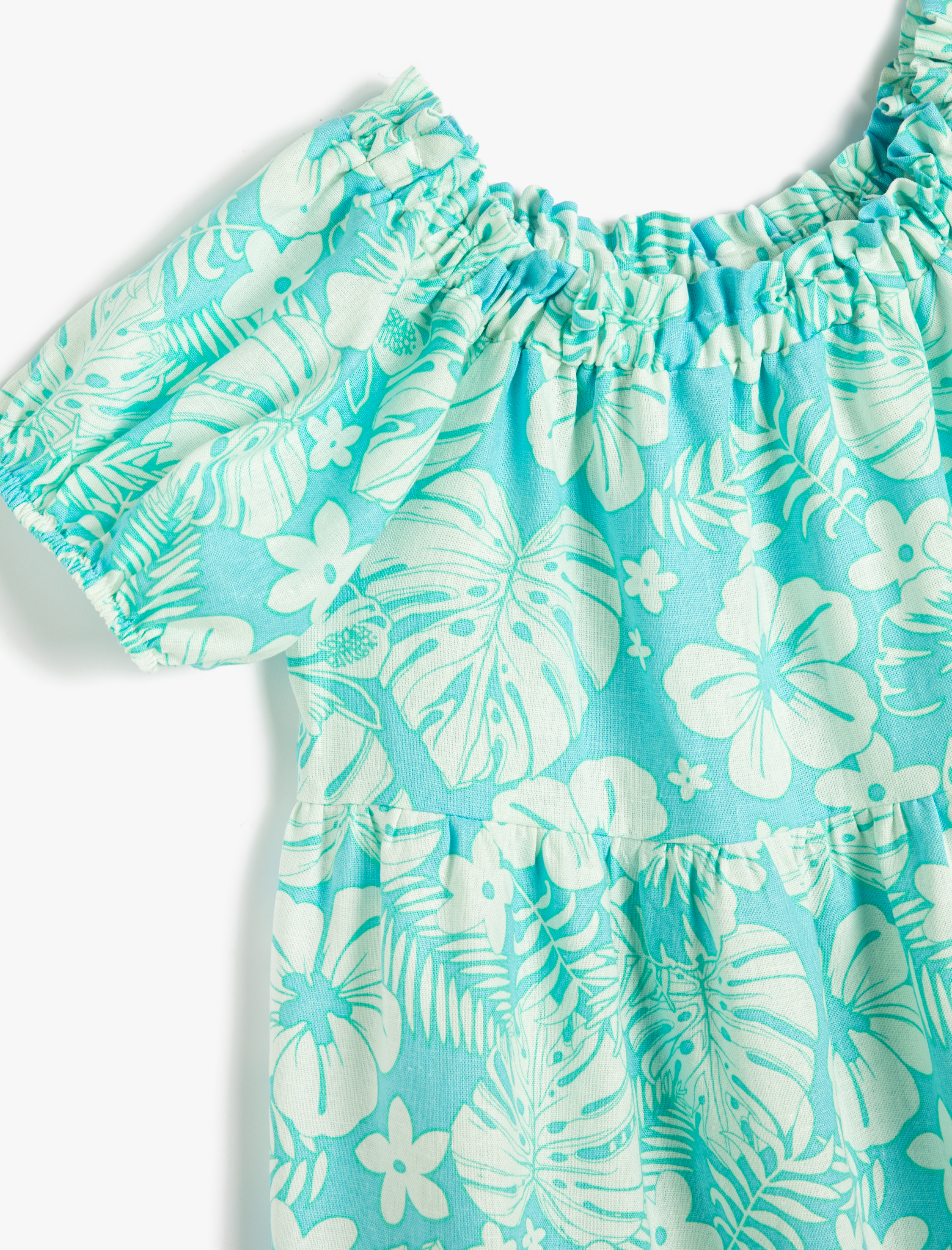  Kız Çocuk Keten Elbise Çiçekli Balon Kollu Katlı