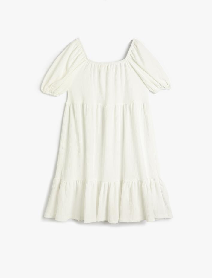 Kız Çocuk Elbise Midi Fırfırlı Rahat Kesim Kısa Kollu Kare Yaka