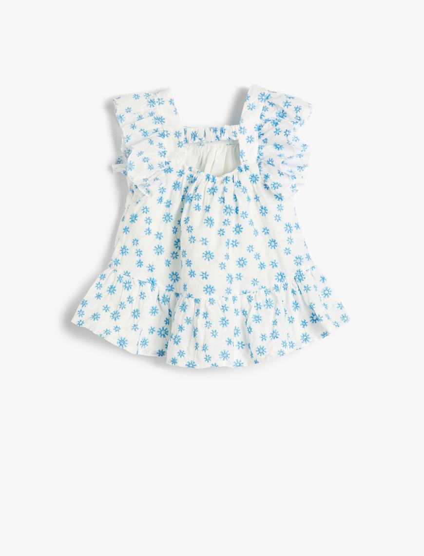  Kız Bebek Elbise Çiçekli Fisto İşlemeli Fırfırlı Arkası Pencere Detaylı