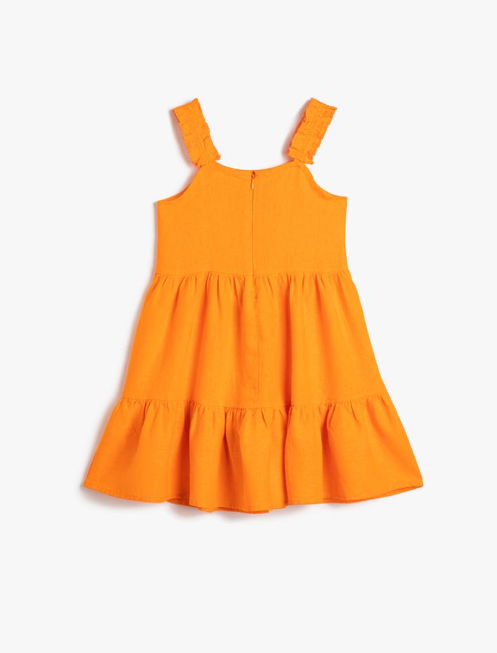 Kız Çocuk Keten Elbise Fırfırlı Midi Boy Askılı