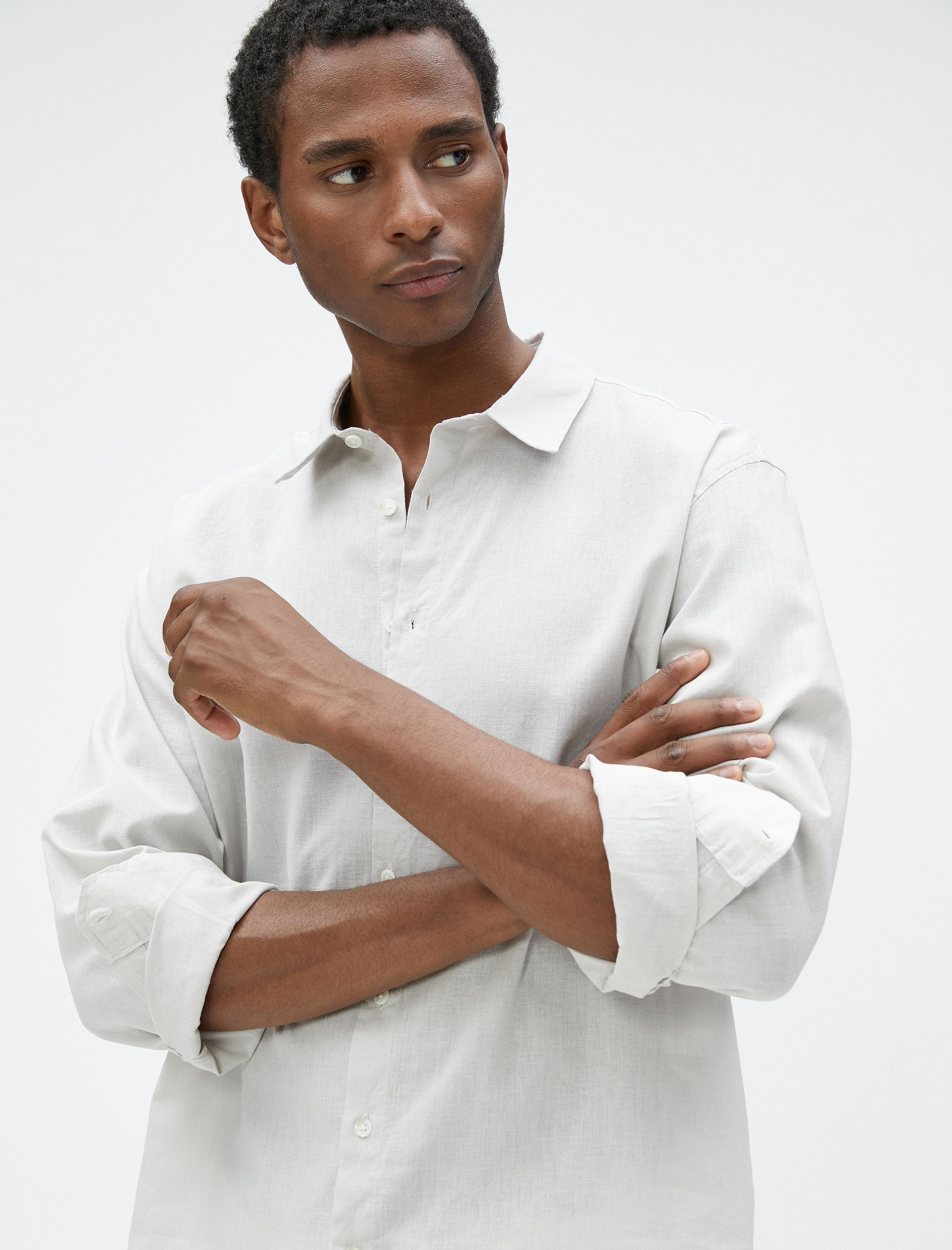   Keten Karışım Gömlek Klasik Yaka Uzun Kollu