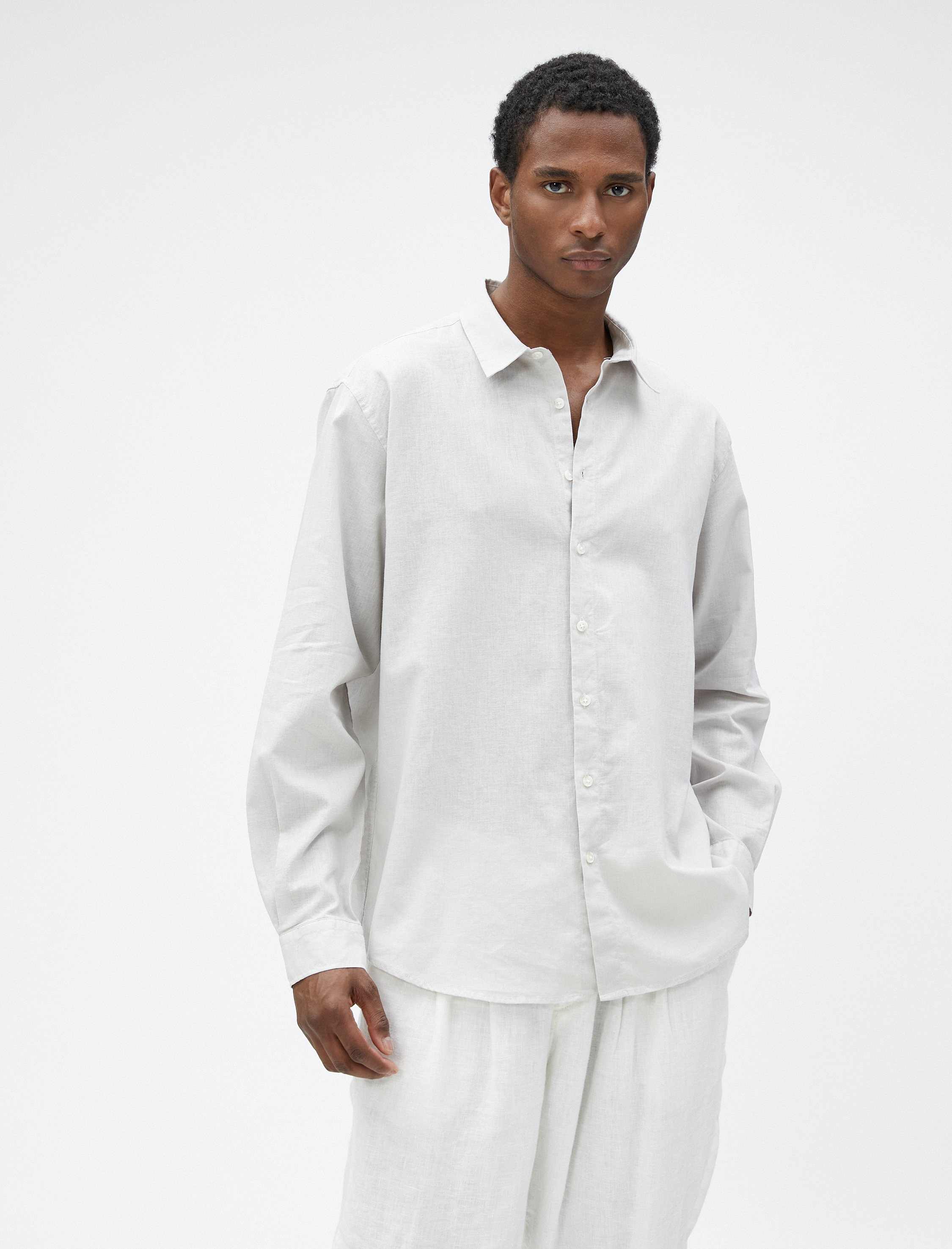   Keten Karışım Gömlek Klasik Yaka Uzun Kollu