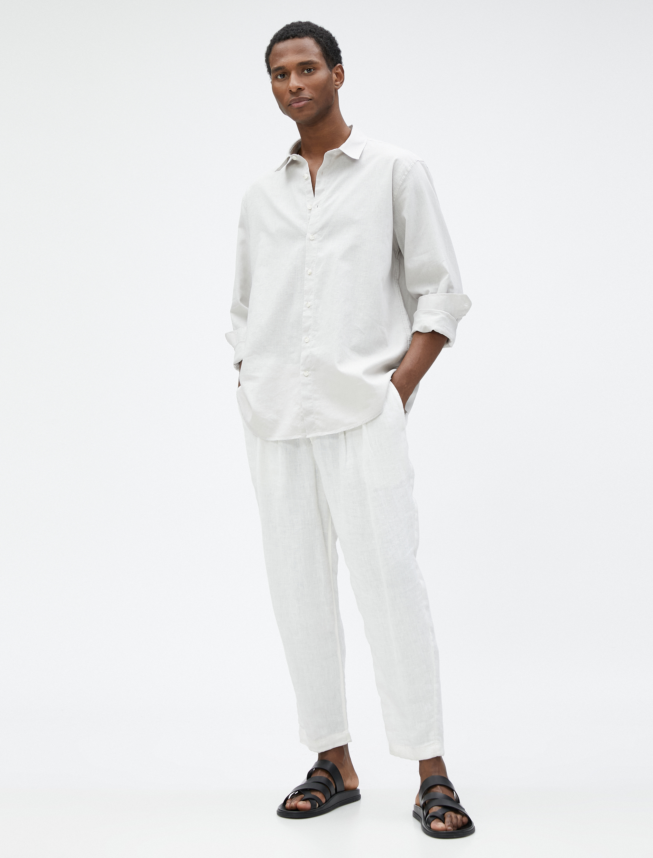   Keten Karışım Gömlek Klasik Yaka Uzun Kollu