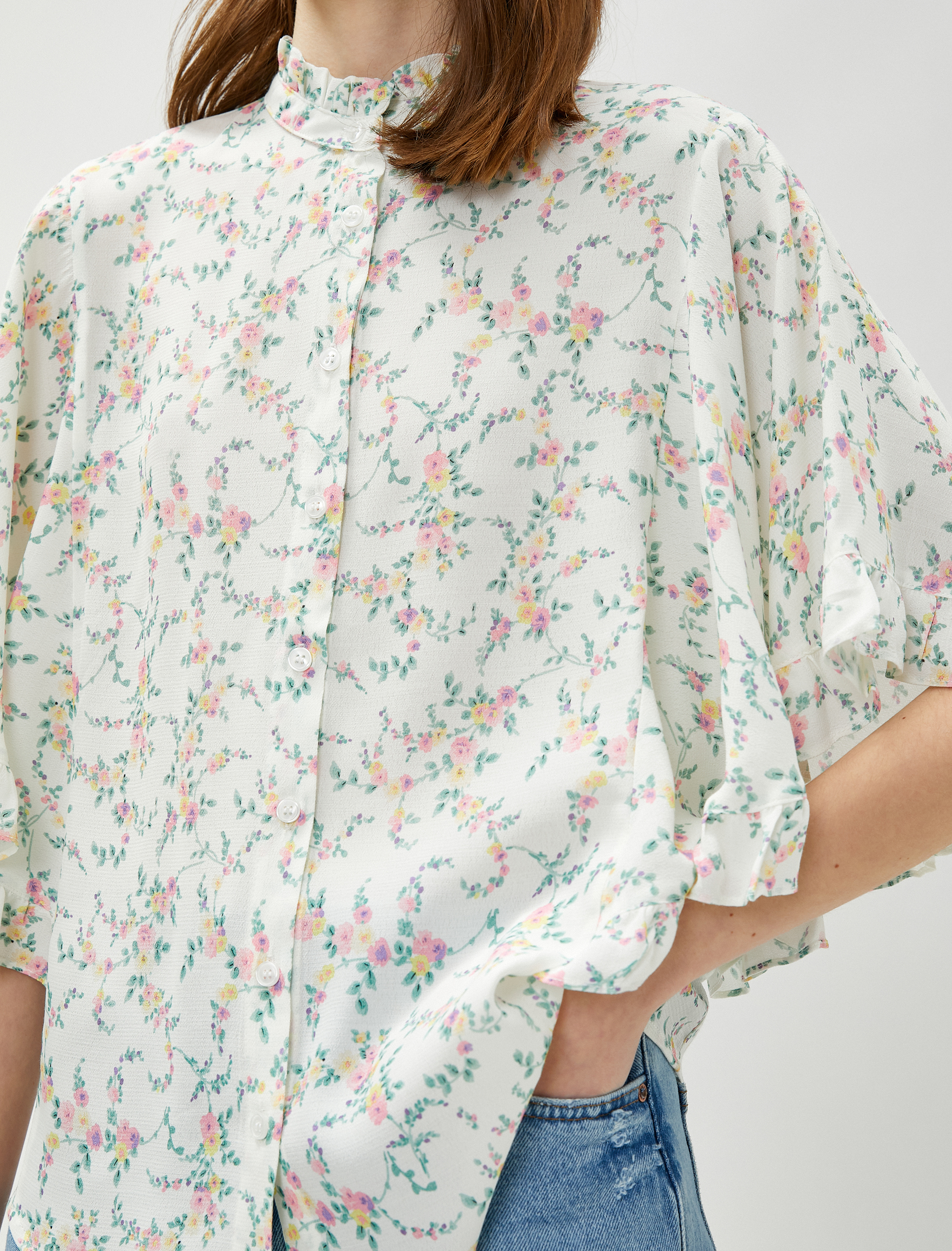   Çiçekli Gömlek Hakim Yaka Yarasa Kol