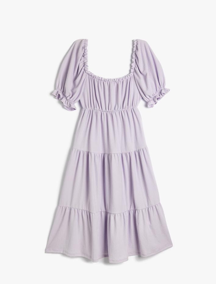  Katlı Midi Boy Elbise Balon Kol