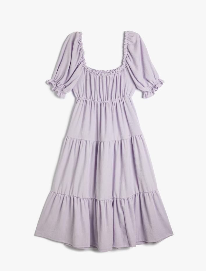  Katlı Midi Boy Elbise Balon Kol