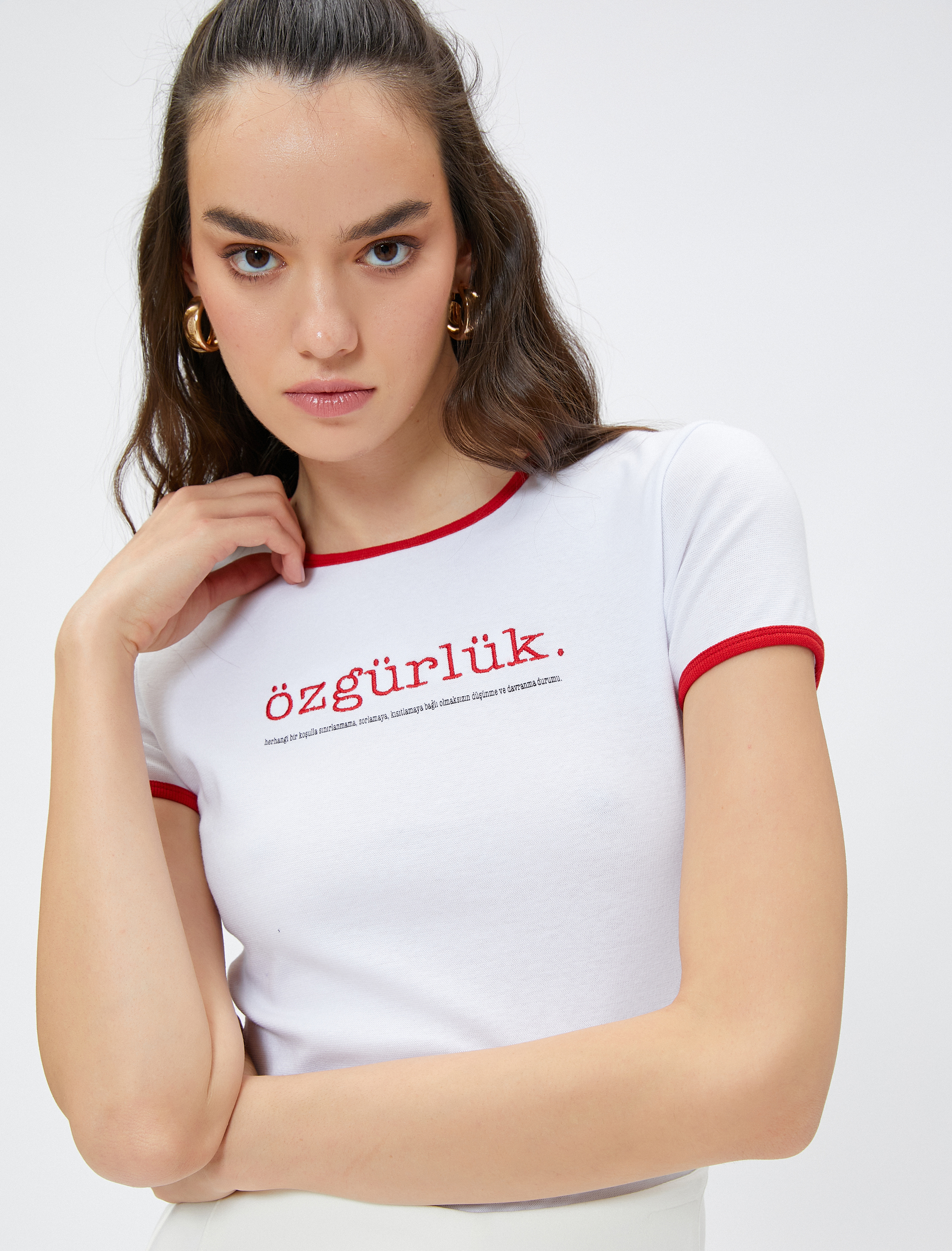   Özgürlük Slogan Nakışlı Tişört Kısa Kollu Bisiklet Yaka 100. Yıl Özel