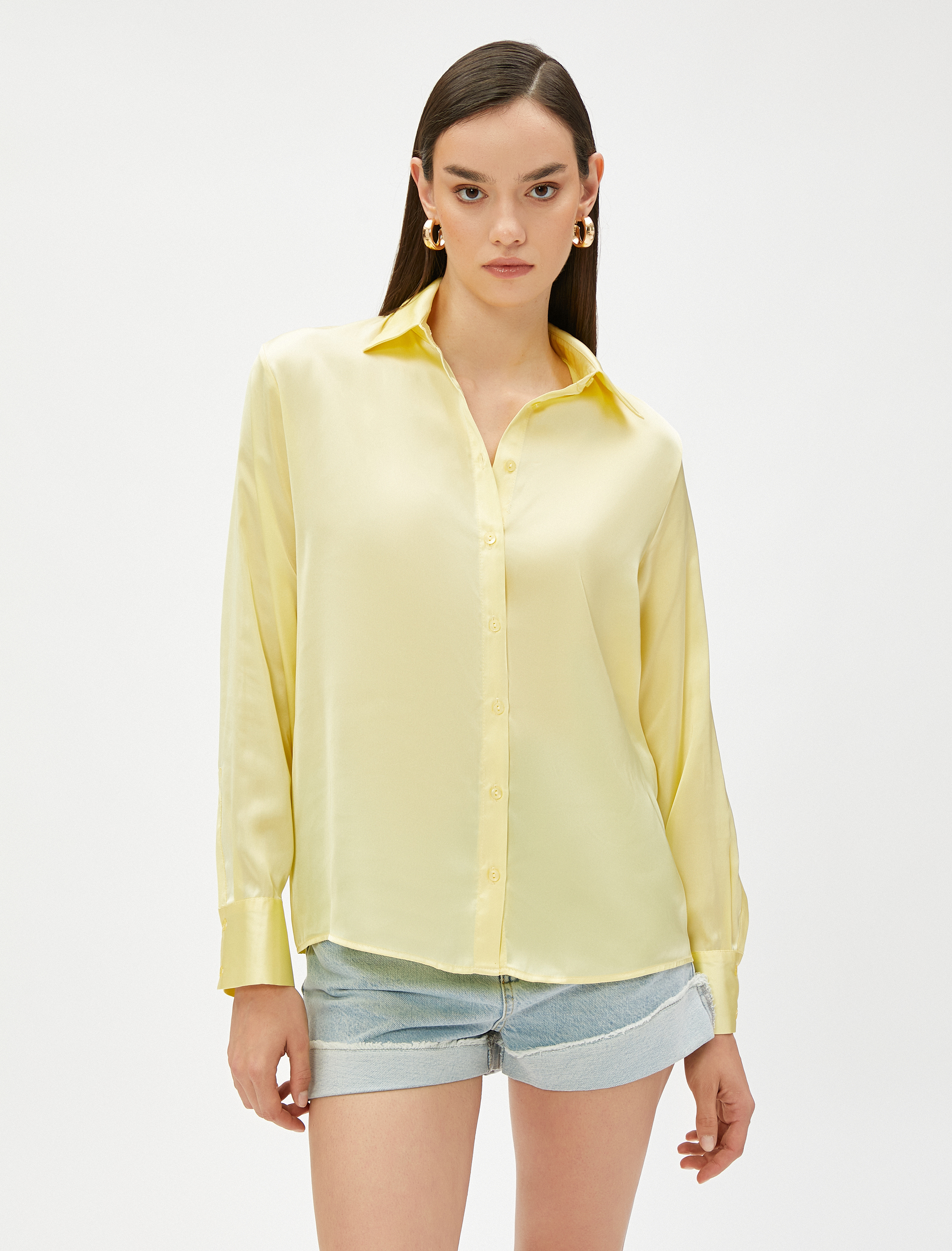   Saten Gömlek Düğmeli Uzun Kollu