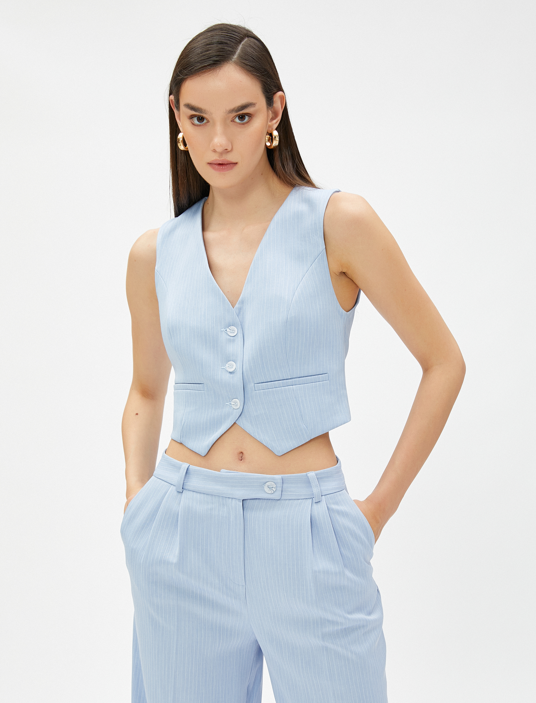   Crop Blazer Yelek Düğmeli Cep Detaylı