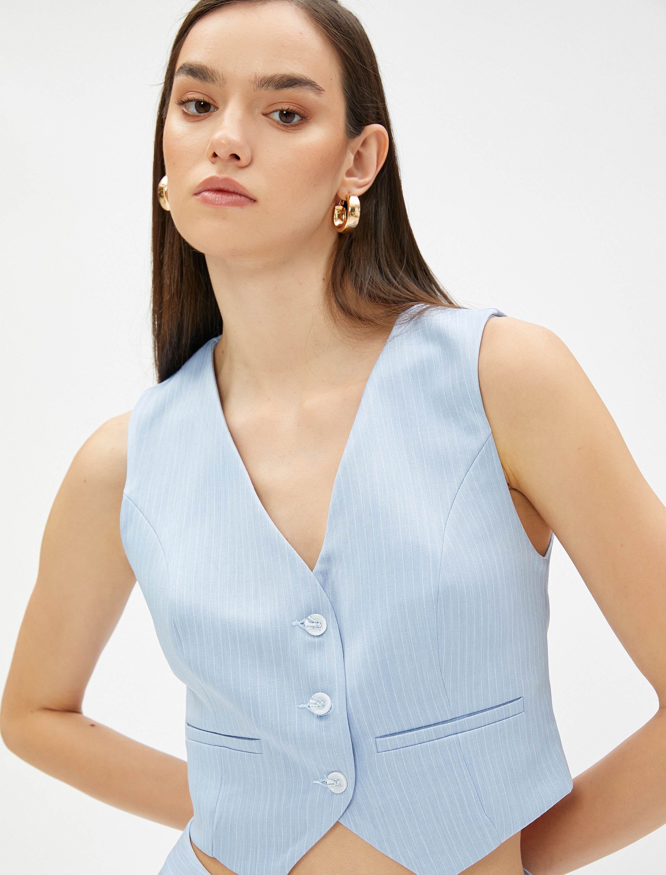   Crop Blazer Yelek Düğmeli Cep Detaylı