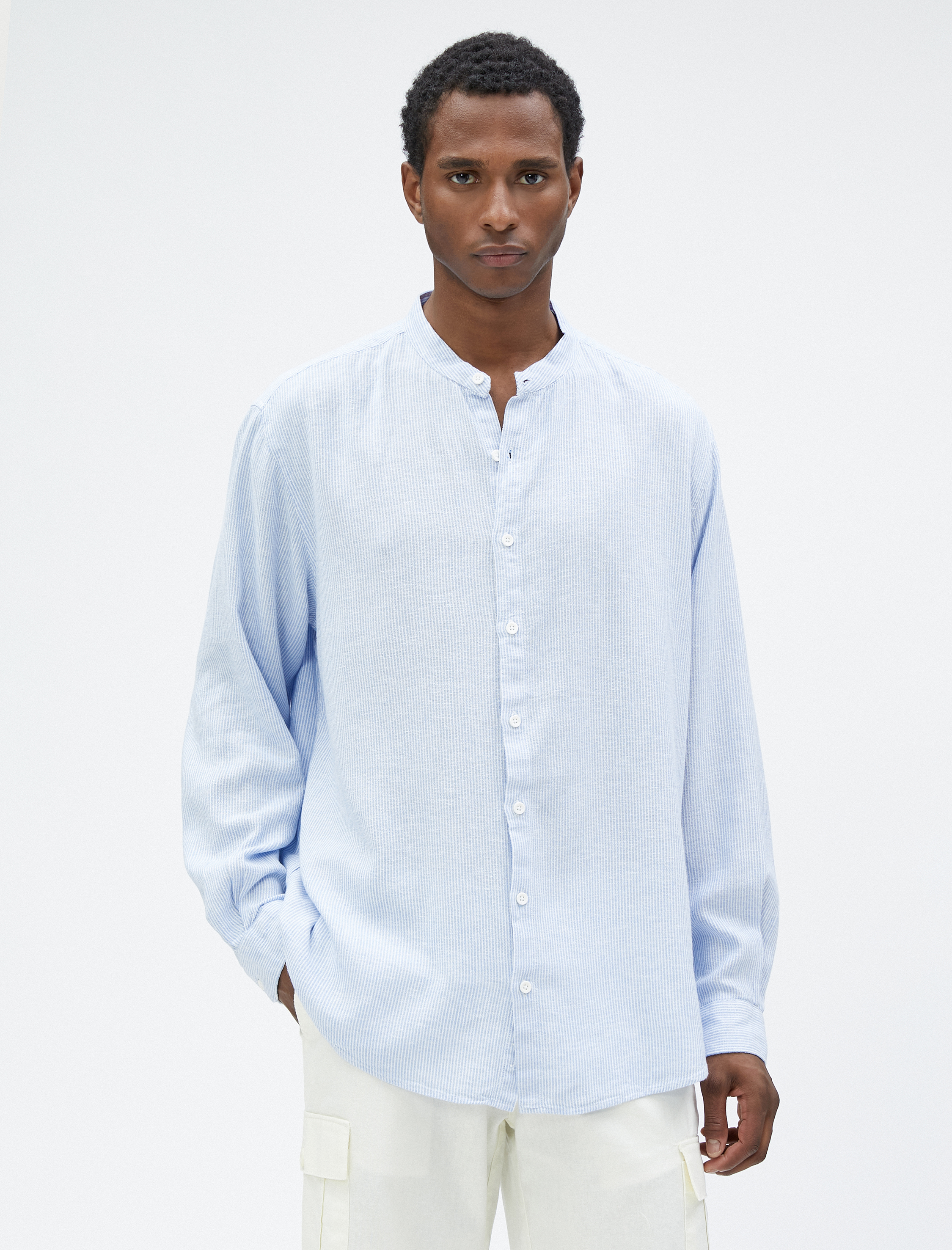   Hakim Yaka Gömlek Keten Karışımlı Düğmeli Uzun Kollu