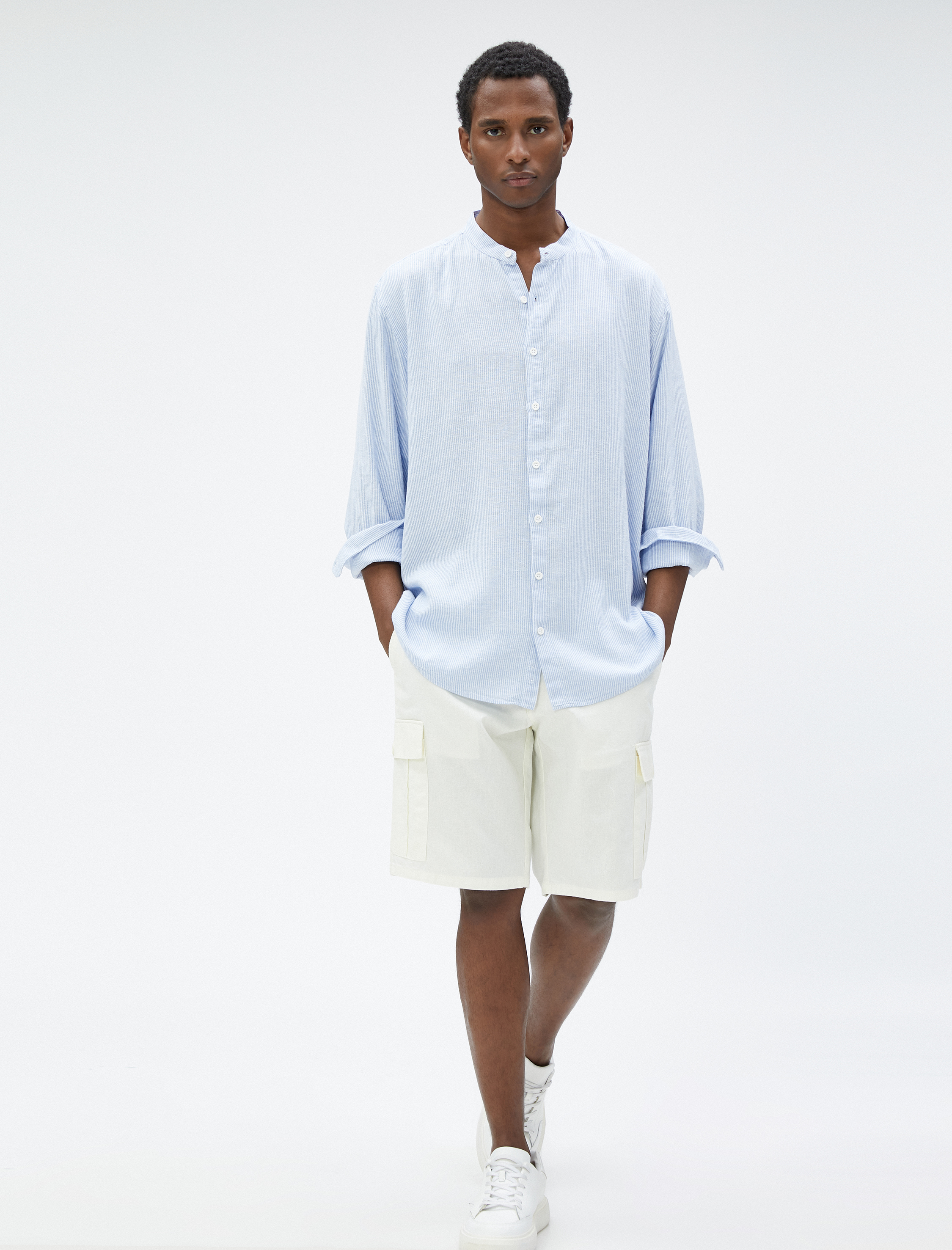   Hakim Yaka Gömlek Keten Karışımlı Düğmeli Uzun Kollu