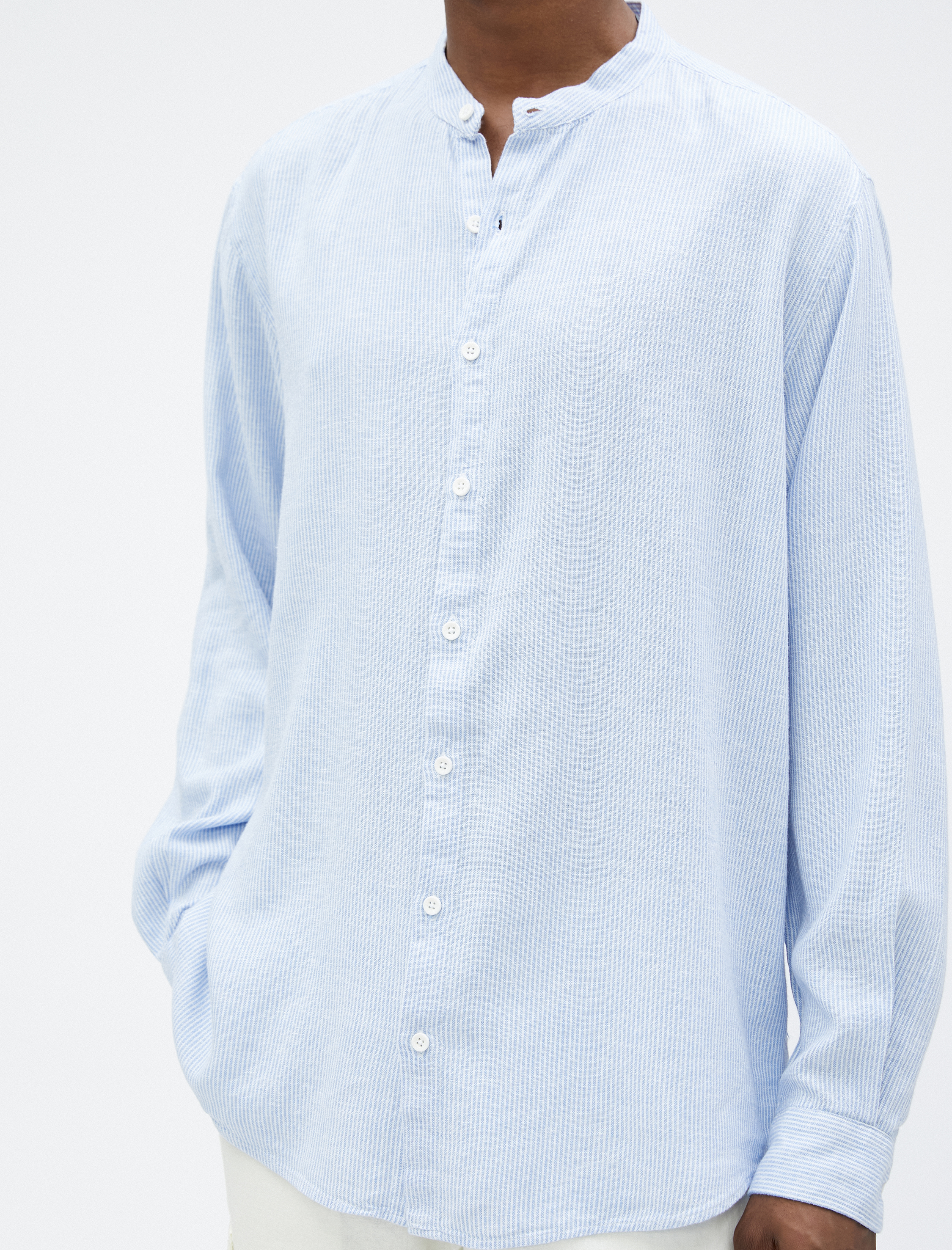   Hakim Yaka Gömlek Keten Karışımlı Düğmeli Uzun Kollu