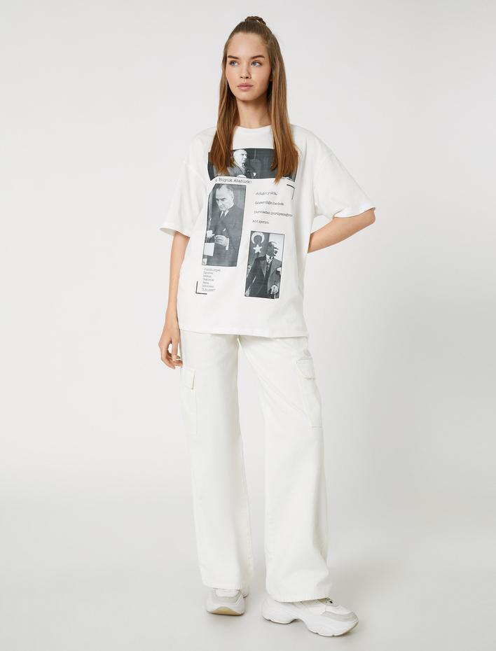  Atatürk Baskılı Tişört Kısa Kollu Bisiklet Yaka Pamuklu 100. Yıl Özel