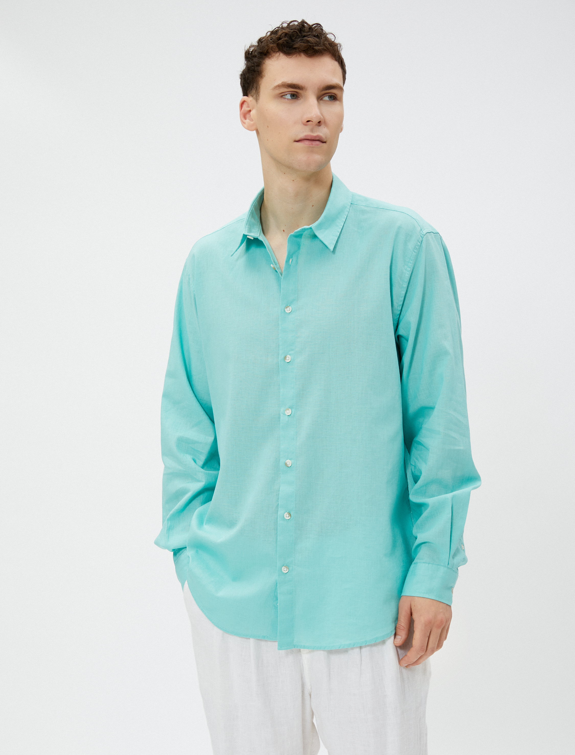   Keten Karışım Gömlek Klasik Yaka Uzun Kollu