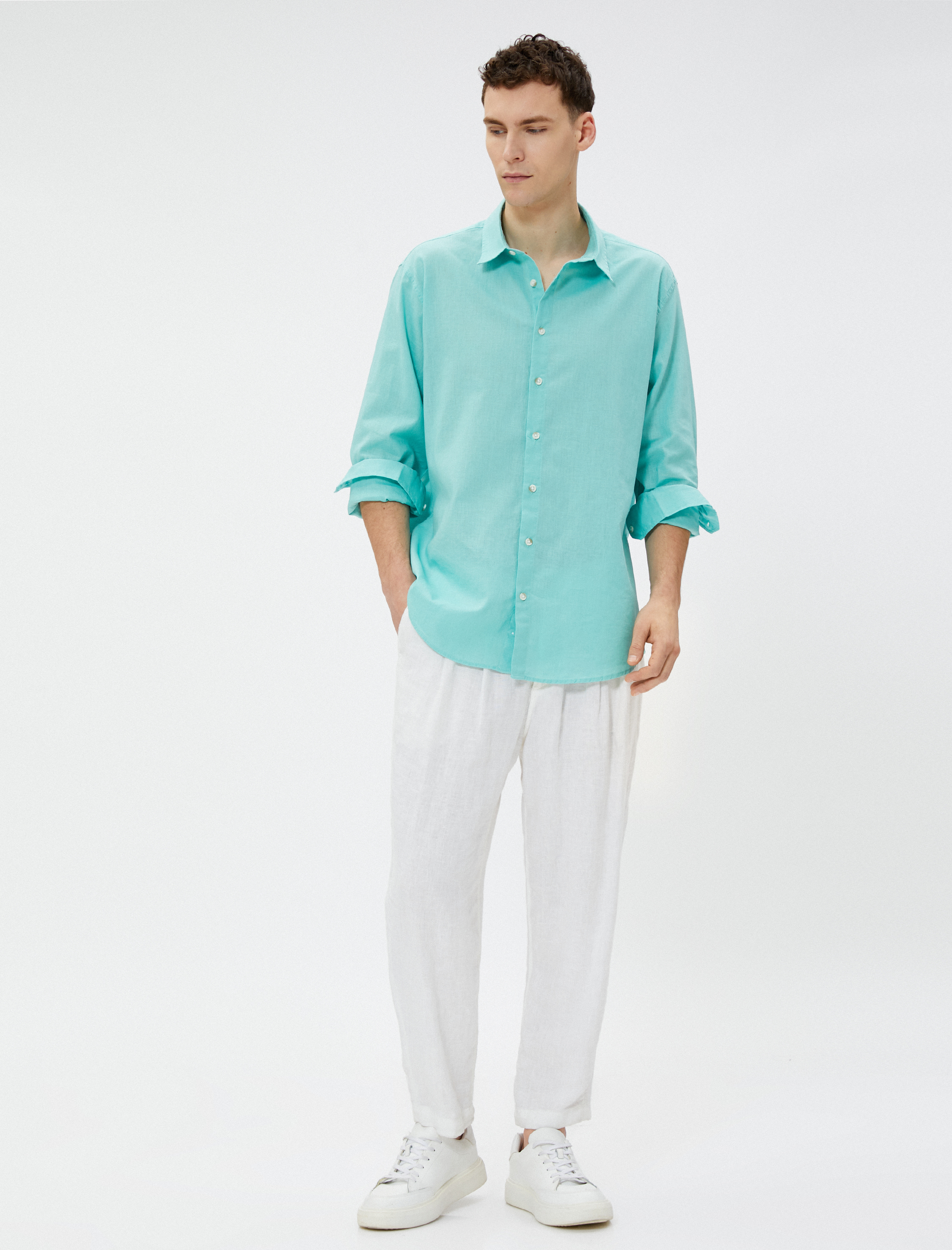   Keten Karışım Gömlek Klasik Yaka Uzun Kollu