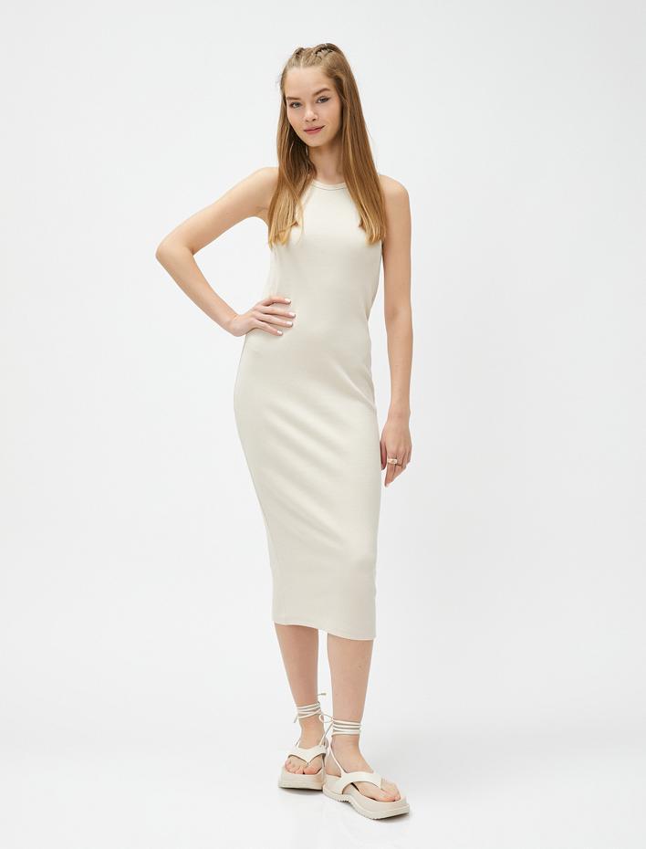  Halter Yaka Elbise Kalem Midi Boy Fitilli Dar Kesim