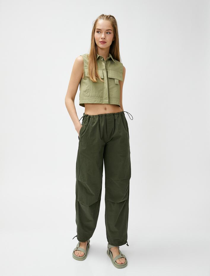  Crop Gömlek Kolsuz Büyük Cep Detaylı Düğmeli