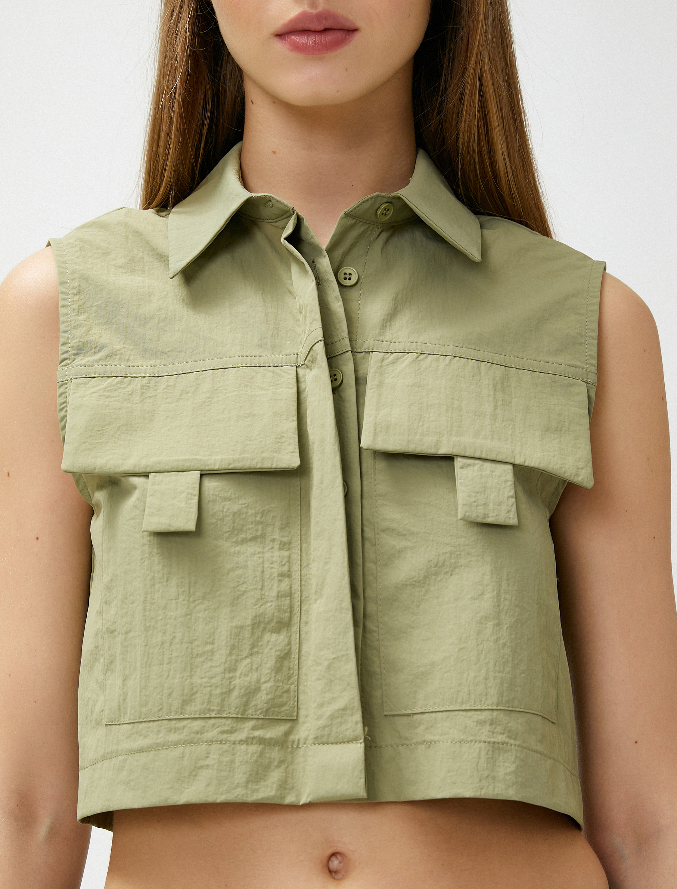   Crop Gömlek Kolsuz Büyük Cep Detaylı Düğmeli