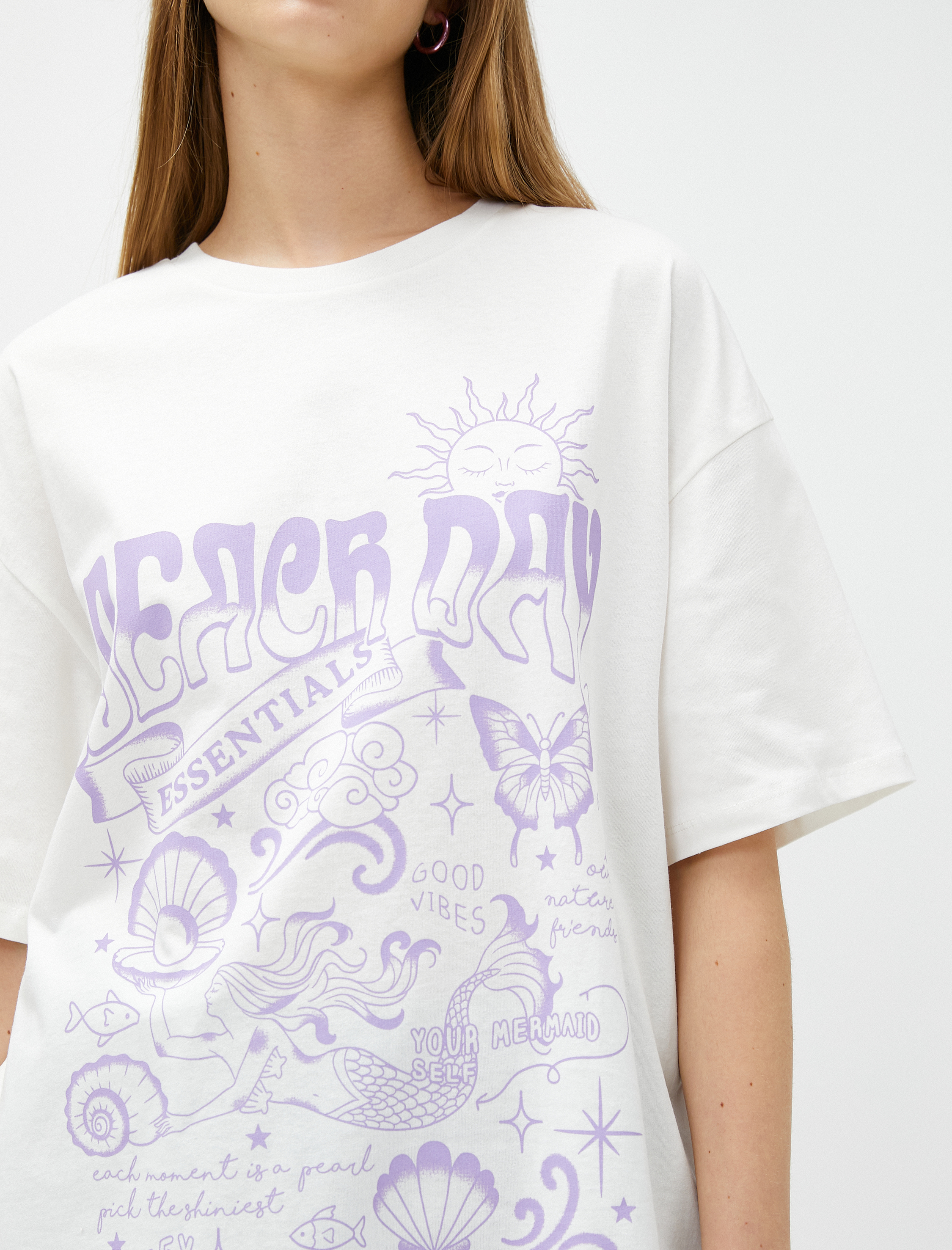   Oversize Tişört Baskılı Kısa Kollu Bisiklet Yaka Pamuklu