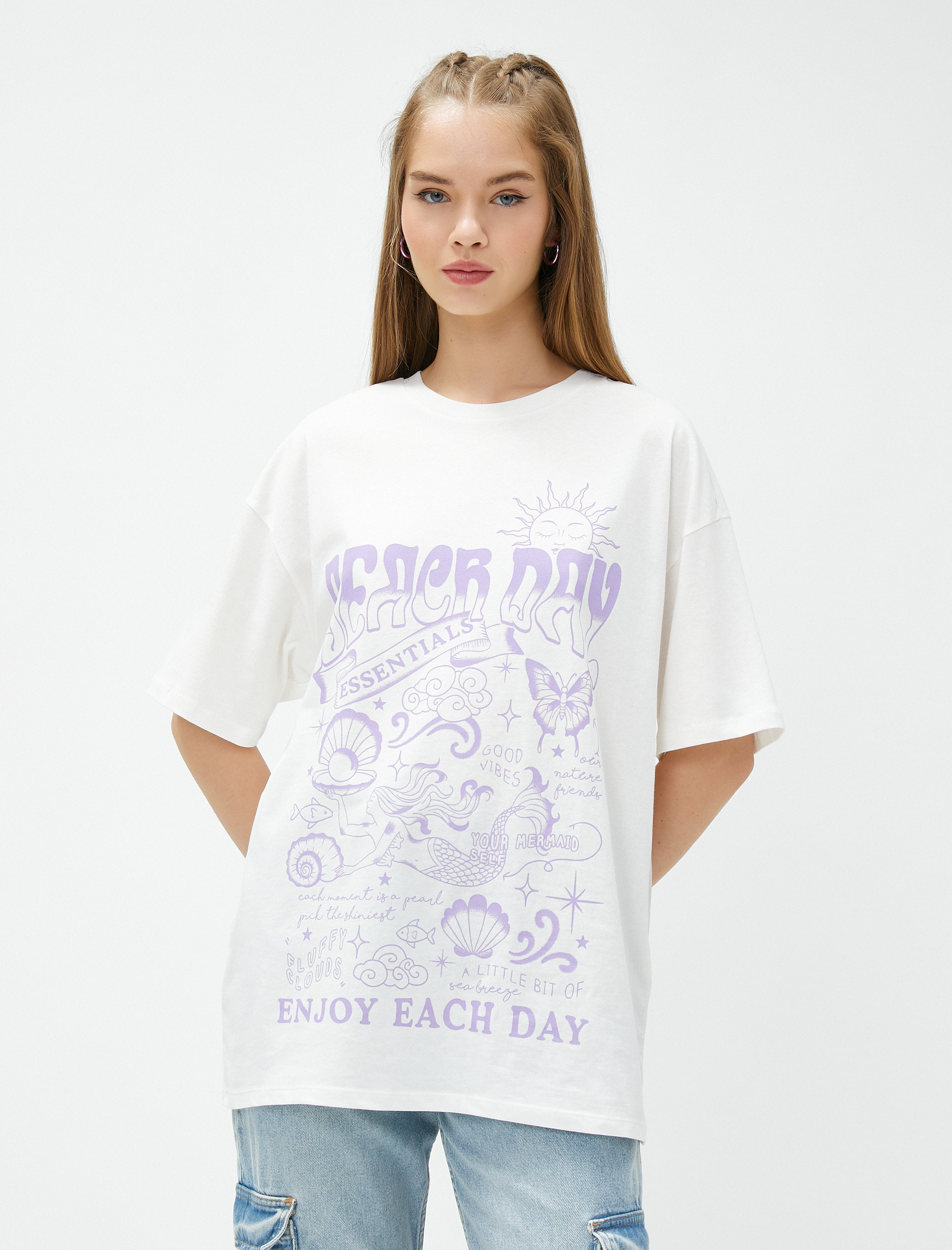   Oversize Tişört Baskılı Kısa Kollu Bisiklet Yaka Pamuklu