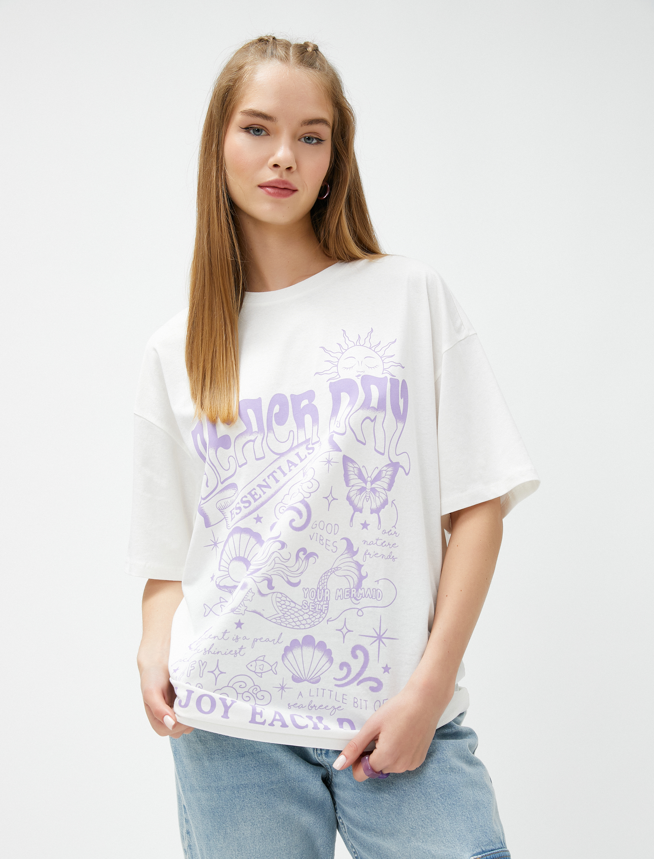   Oversize Tişört Baskılı Kısa Kollu Bisiklet Yaka Pamuklu