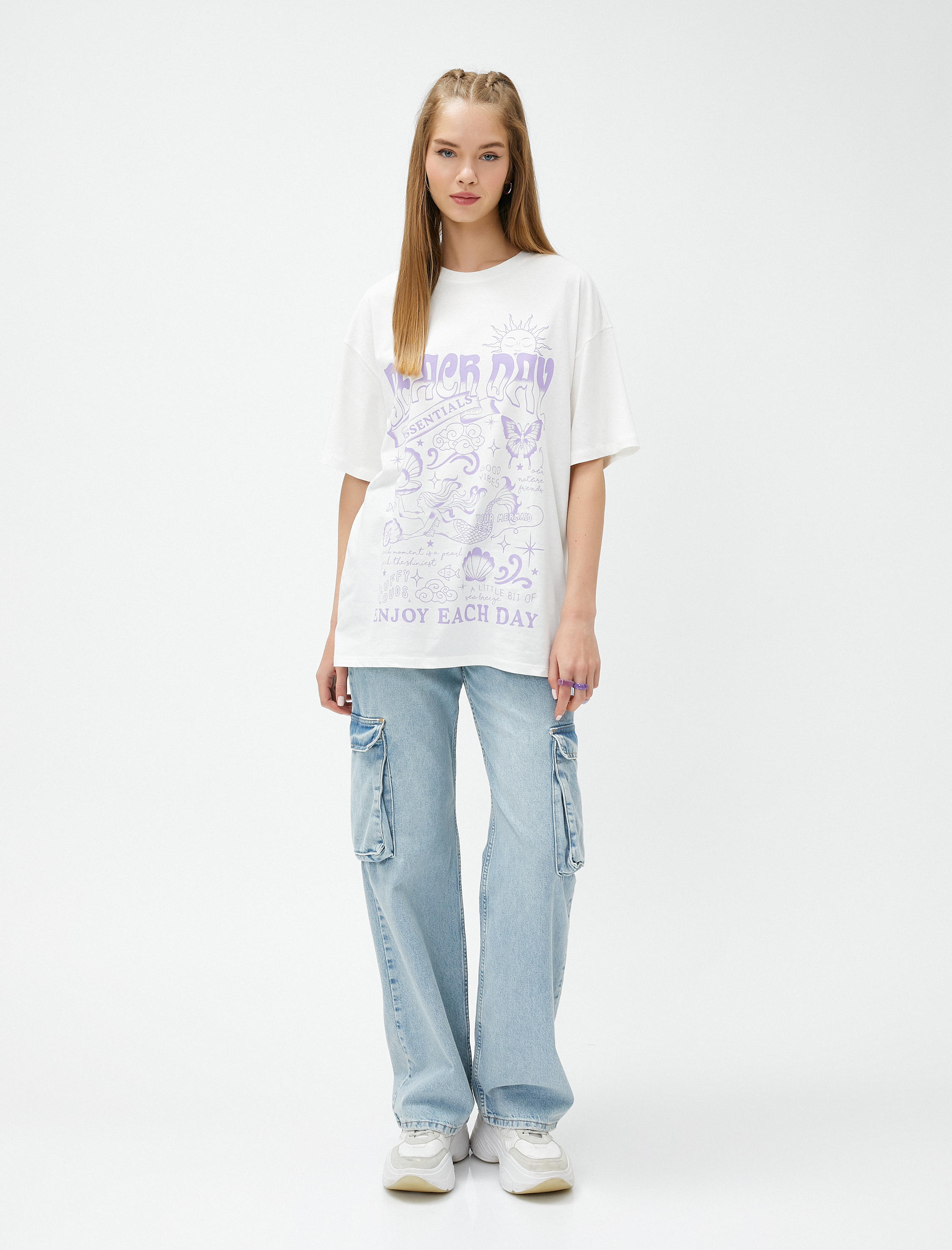   Oversize Tişört Baskılı Kısa Kollu Bisiklet Yaka Pamuklu