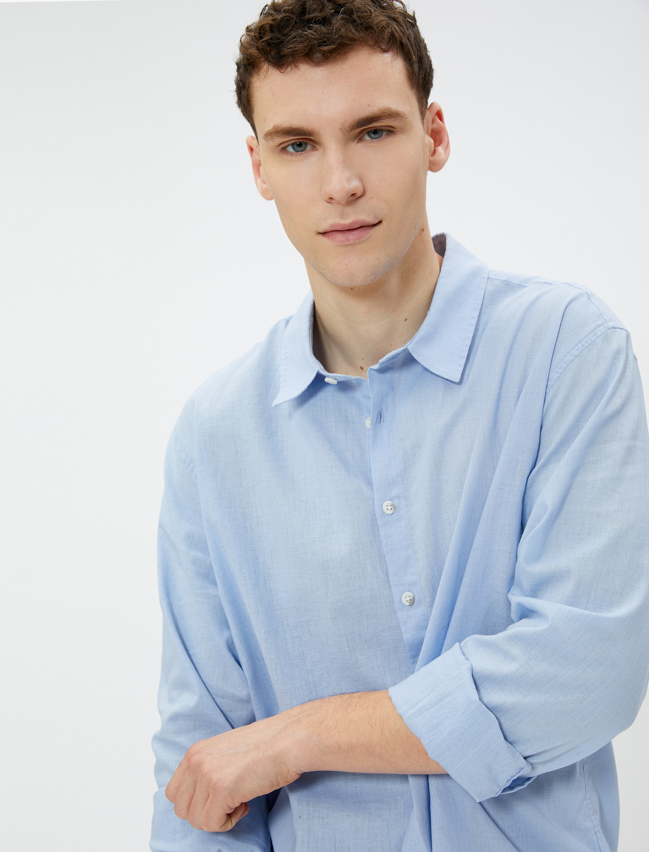   Keten Karışım Gömlek Klasik Yaka Uzun Kollu