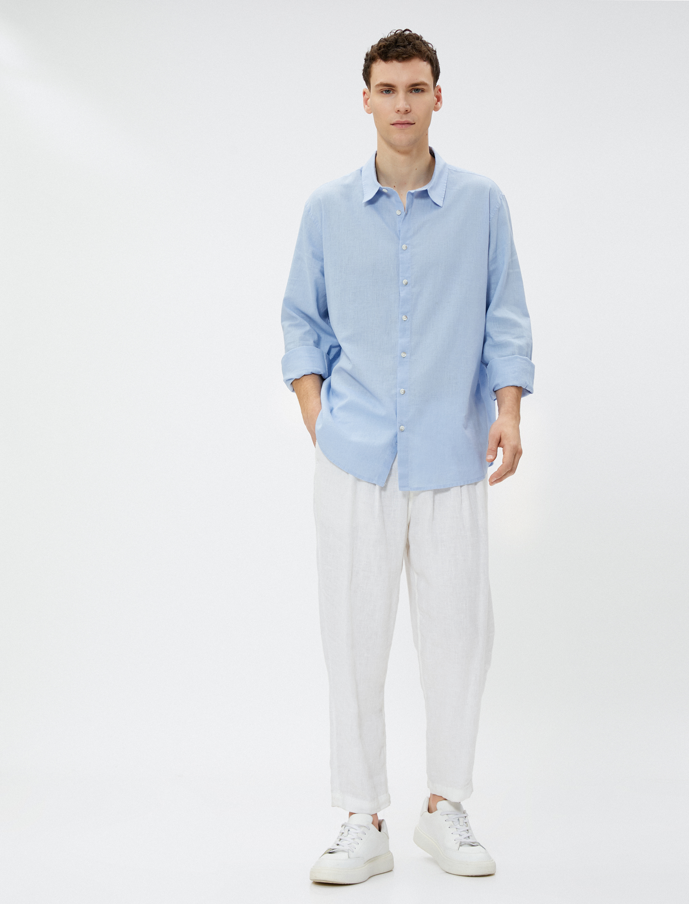   Keten Karışım Gömlek Klasik Yaka Uzun Kollu