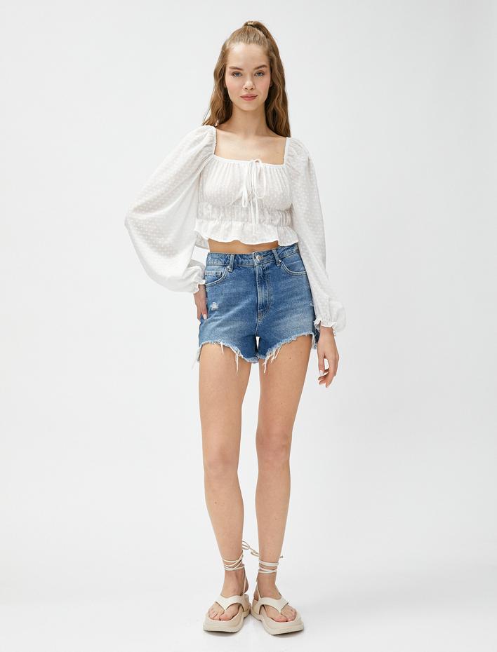  Crop Bluz Balon Kollu Kare Yaka Bağlama Detaylı Fırfırlı