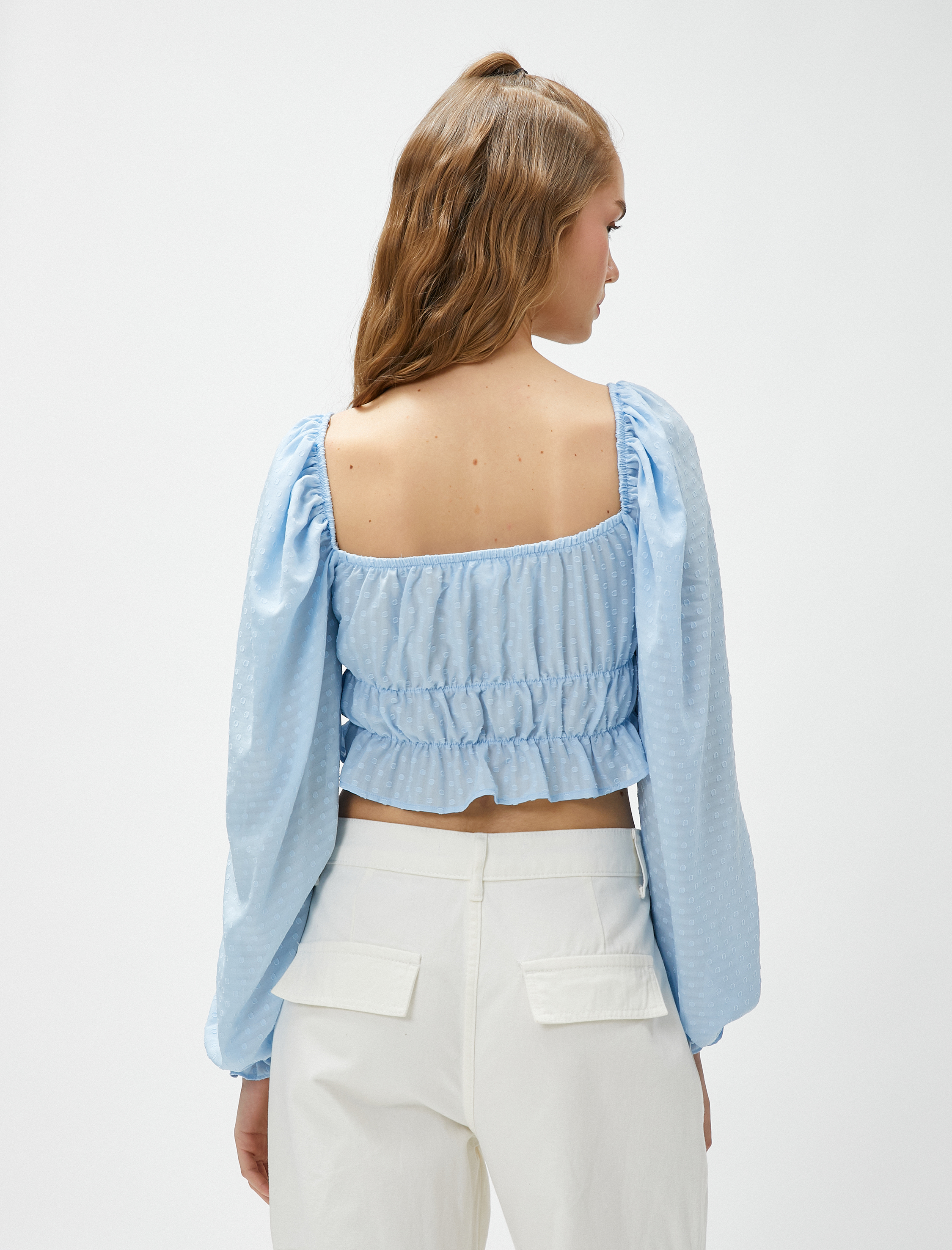   Crop Bluz Balon Kollu Kare Yaka Bağlama Detaylı Fırfırlı