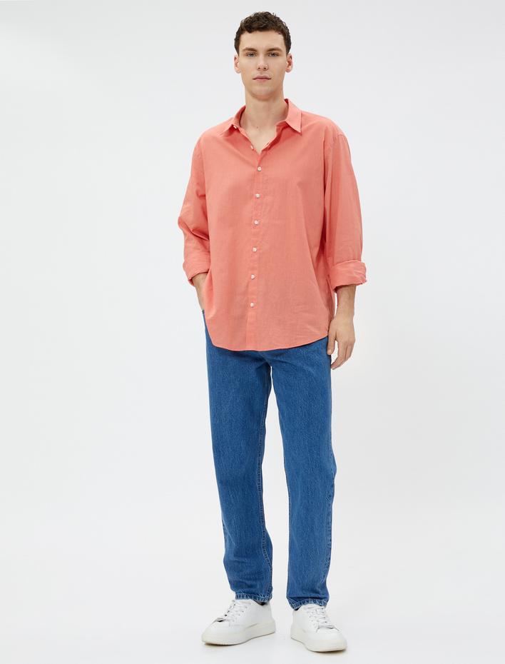  Keten Karışım Gömlek Klasik Yaka Uzun Kollu