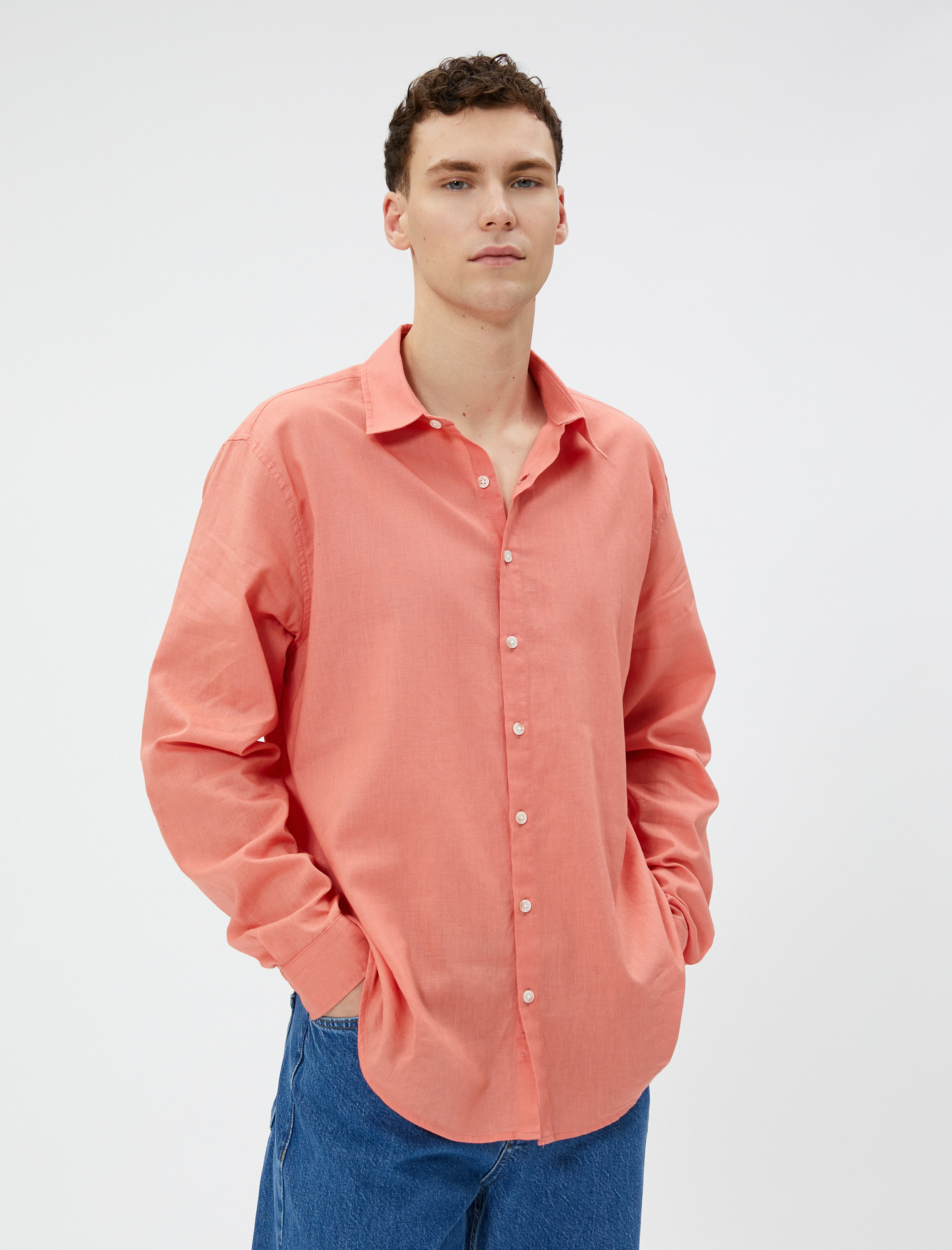   Keten Karışım Gömlek Klasik Yaka Uzun Kollu