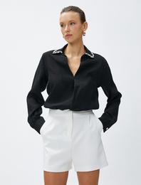 Şifon Bluz Yakası Taşlı Uzun Kollu