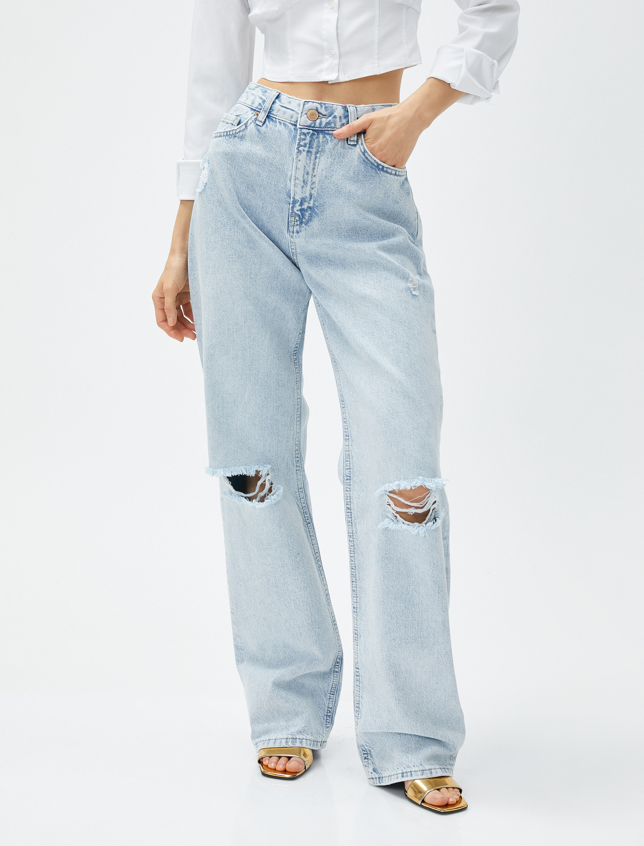 Koton Yüksek Bel Kot Pantolon Yırtık Düz Paça - Nora Jeans. 3