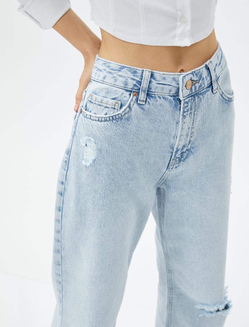   Yüksek Bel Kot Pantolon Yırtık Düz Paça - Nora Jeans