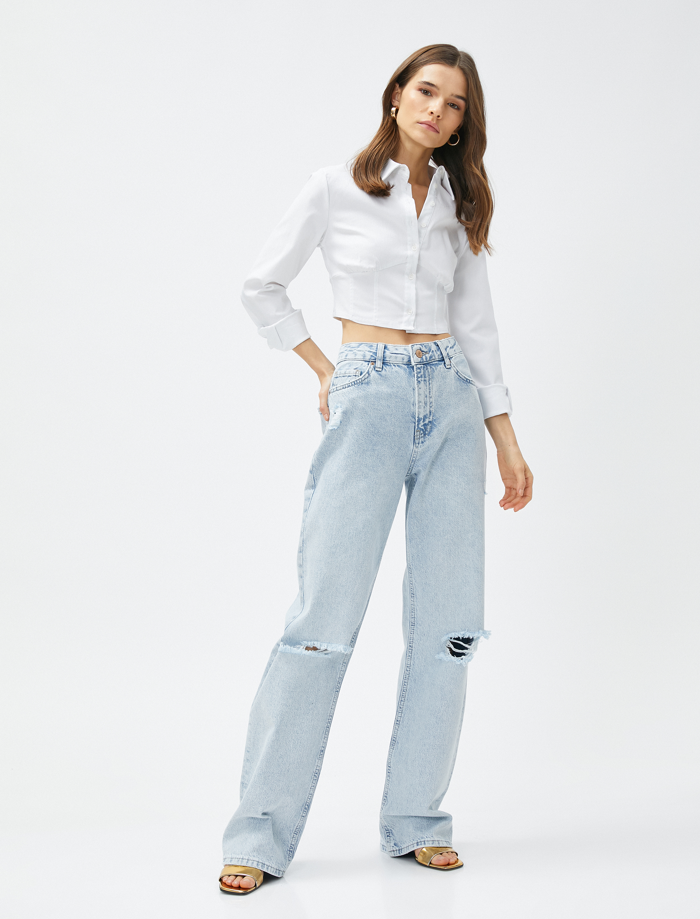 Koton Yüksek Bel Kot Pantolon Yırtık Düz Paça - Nora Jeans. 1
