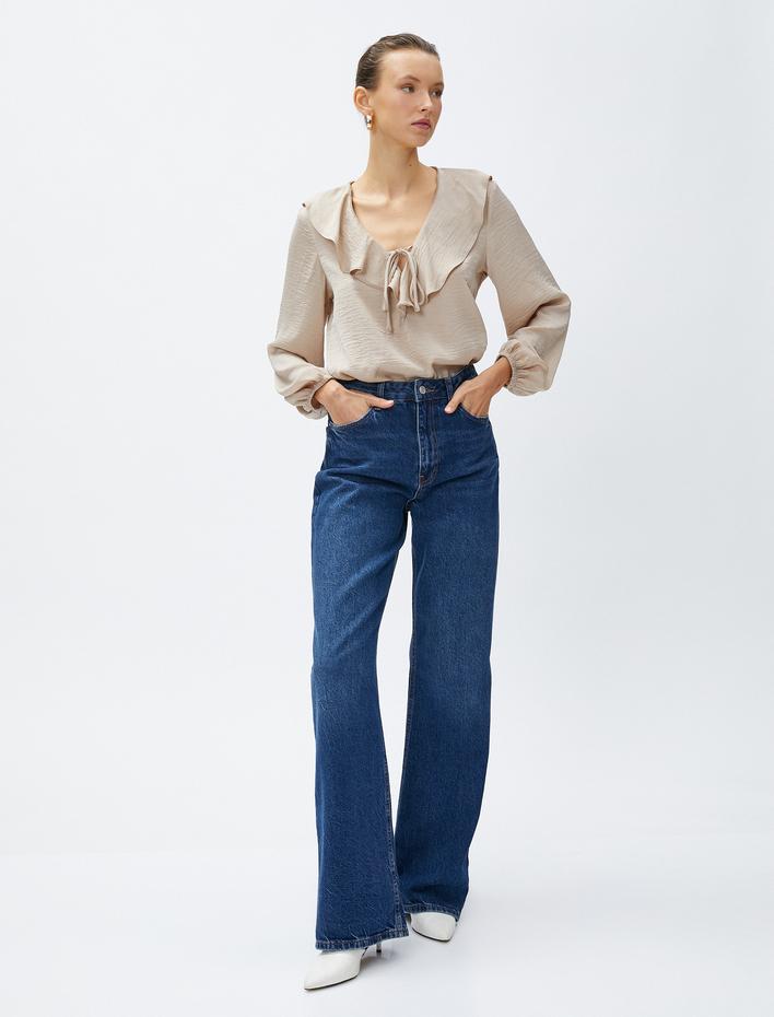  Volanlı Bluz V Yaka Uzun Kollu