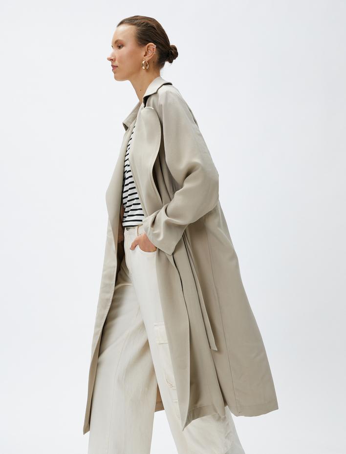  Dökümlü Kruvaze Trençkot Kemerli