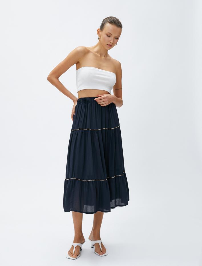  Katlı Kloş Etek Midi Boy Zincir Detaylı