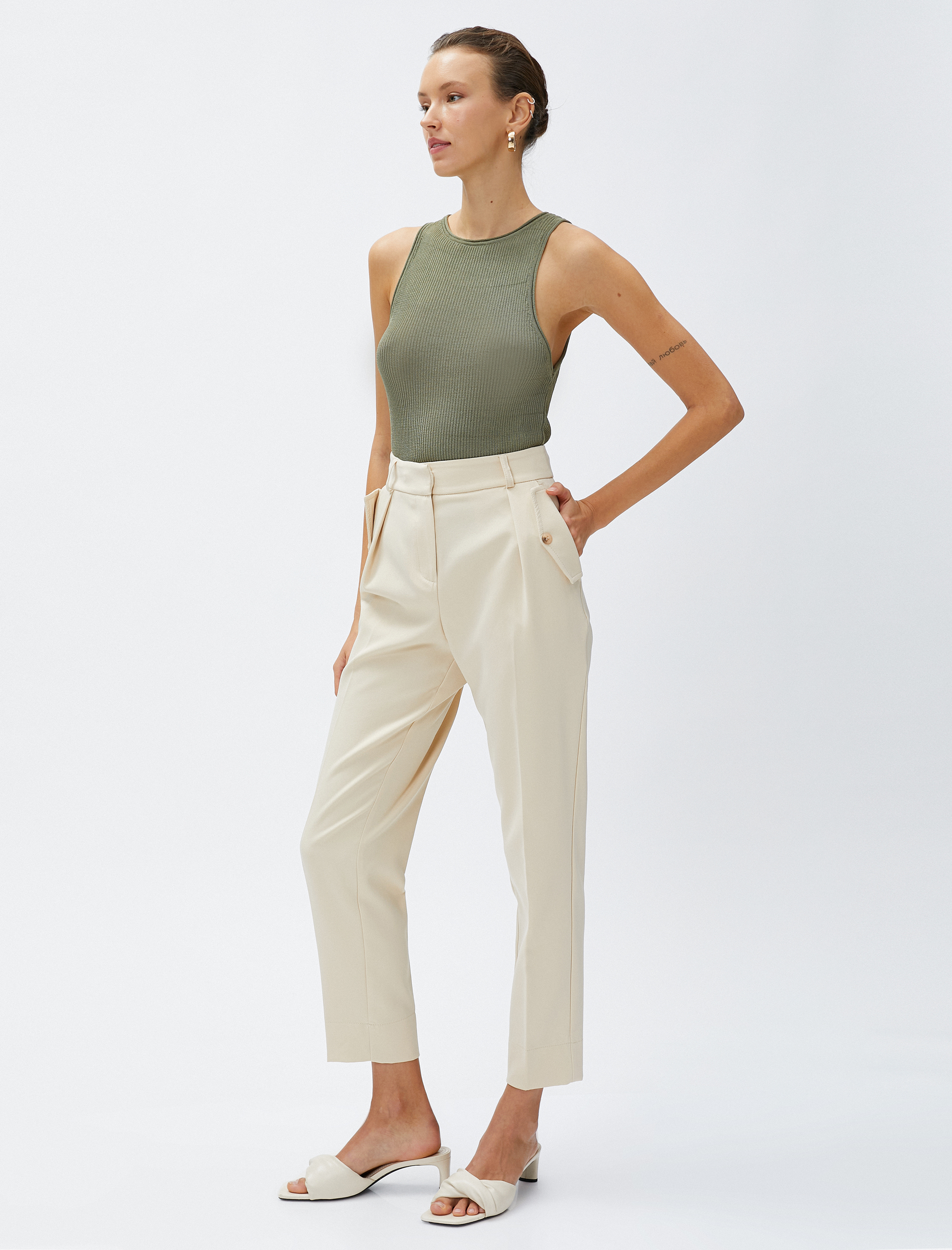   Crop Pantolon Cep Detaylı Dar Paça Yüksek Bel