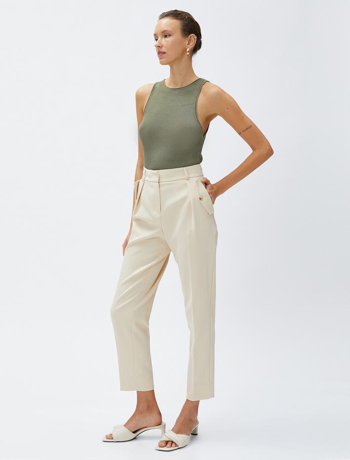 Crop Pantolon Cep Detaylı Dar Paça Yüksek Bel