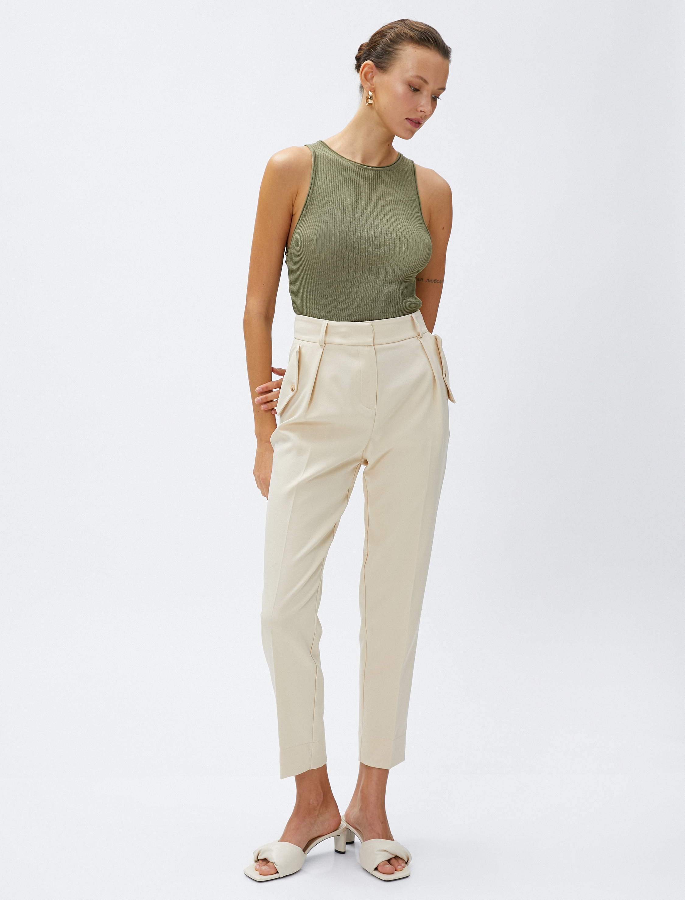   Crop Pantolon Cep Detaylı Dar Paça Yüksek Bel