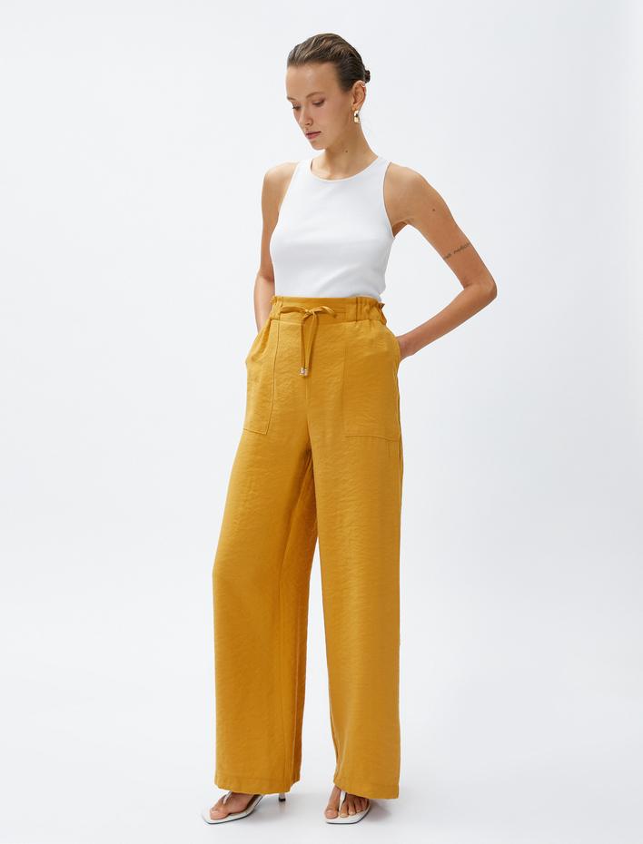  İpeksi Dokulu Pantolon Beli Bağlamalı Geniş Paça