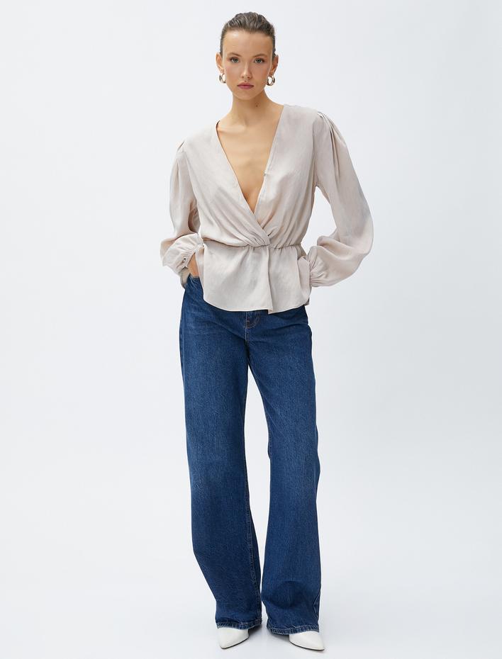  Beli Büzgülü Bluz V Yaka Balon Kol