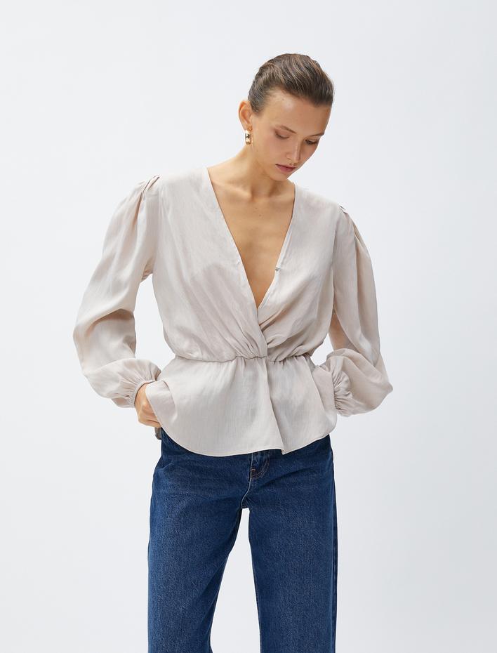  Beli Büzgülü Bluz V Yaka Balon Kol